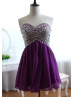 Strapless Purple Chiffon Short Rhinestone Prom Dress